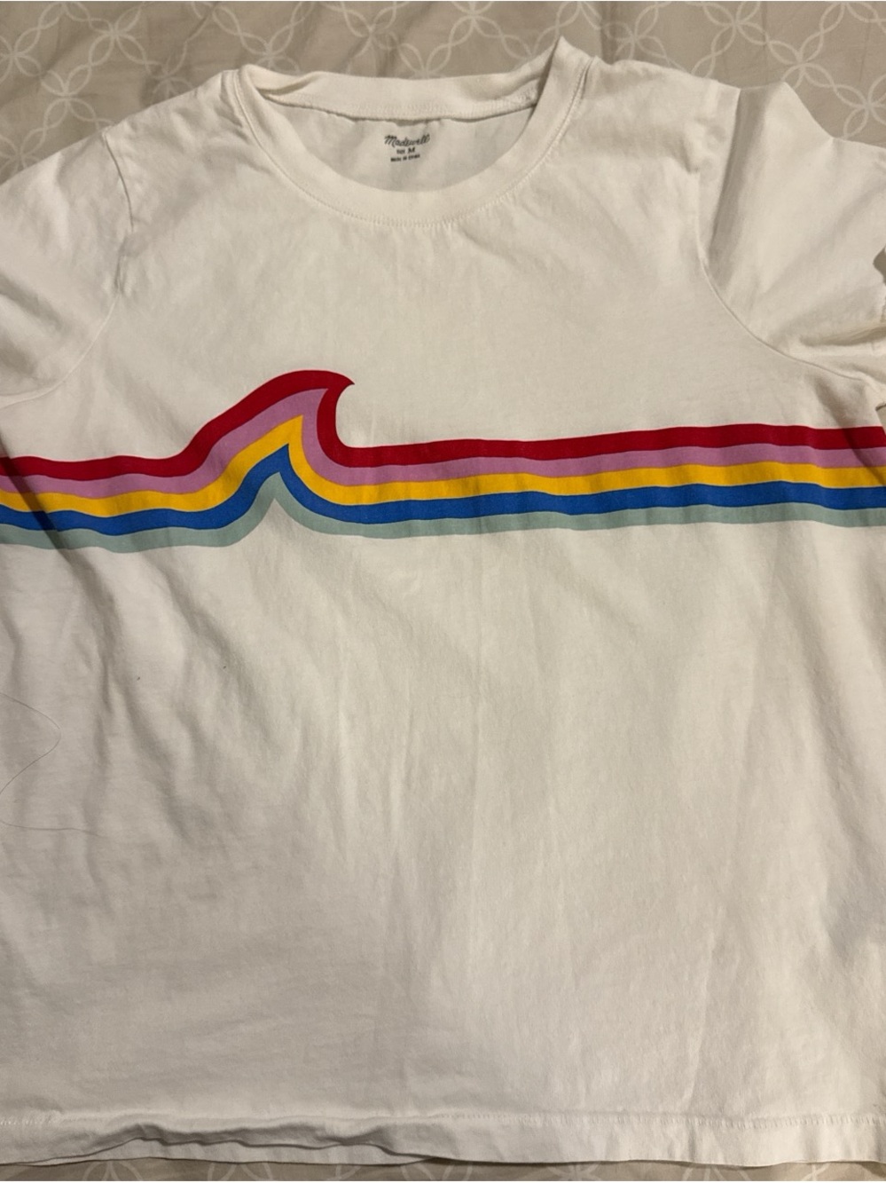 Madewell White Tee with Rainbow Wave Stripe